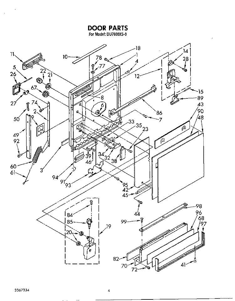 DOOR Diagram and Parts List for DU7600XS0  Whirlpool Dishwasher