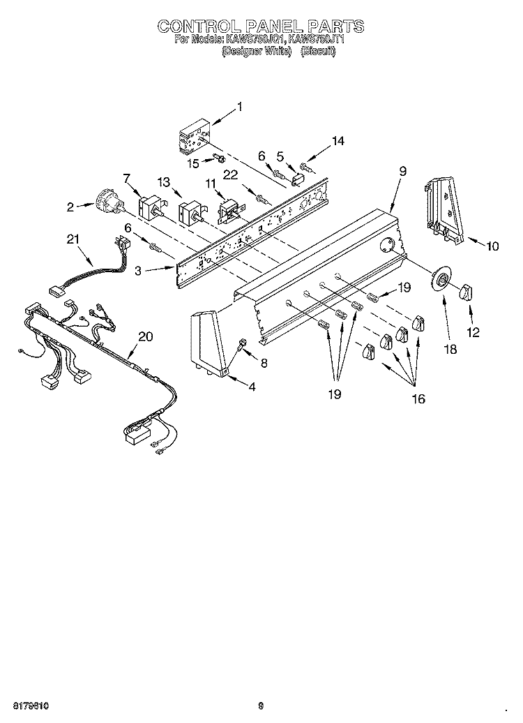CONTROL PANEL Diagram and Parts List for KAWS750JT1  KitchenAid Washer