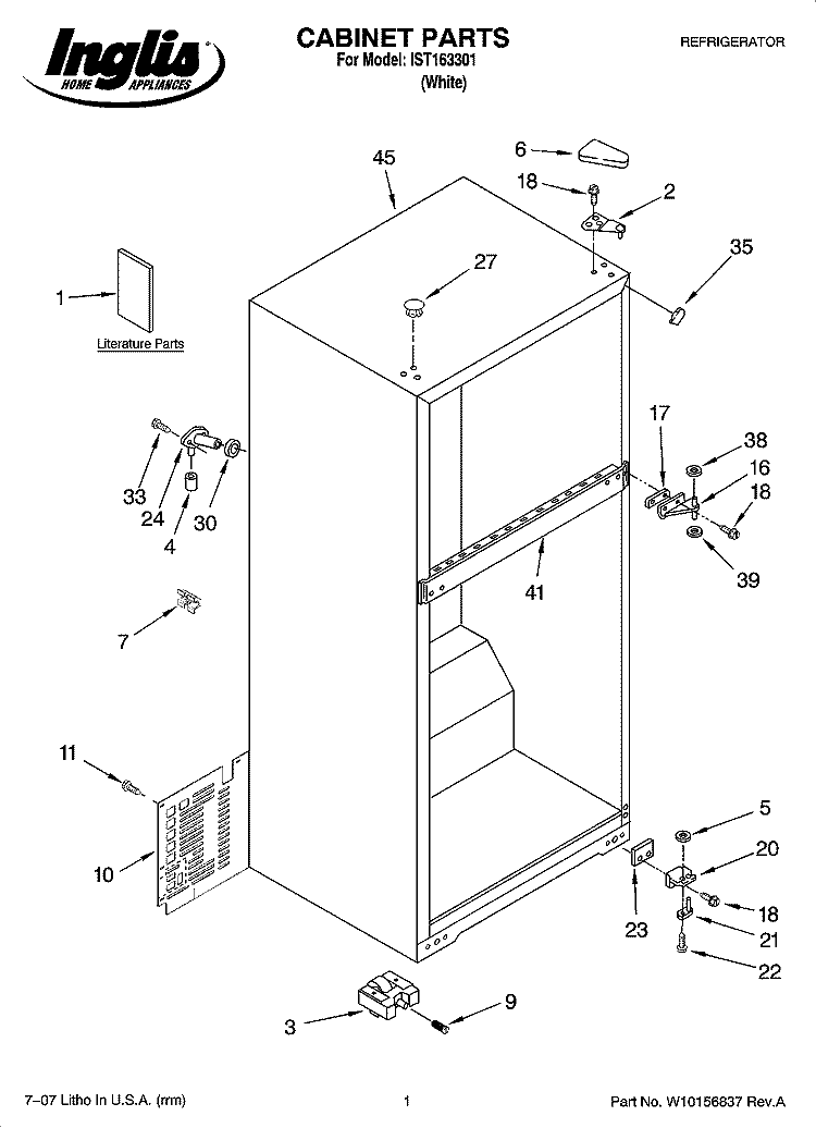 CABINET PARTS Diagram and Parts List for IST163301  Inglis Refrigerator