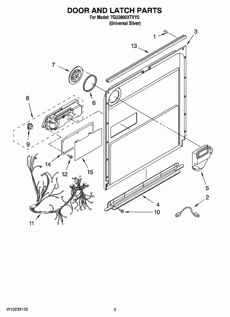 DOOR AND LATCH PARTS Diagram and Parts List for 7GU3800XTVY0  Whirlpool Dishwasher