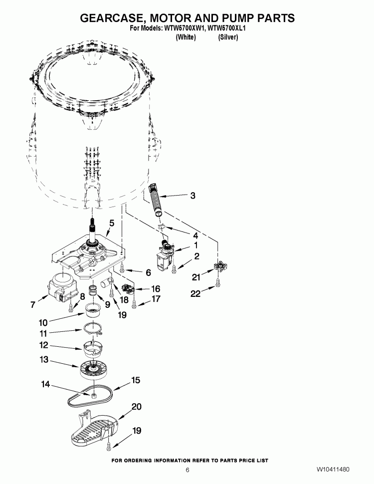GEARCASE, MOTOR AND PUMP PARTS Diagram and Parts List for WTW5700XW1  Whirlpool Washer
