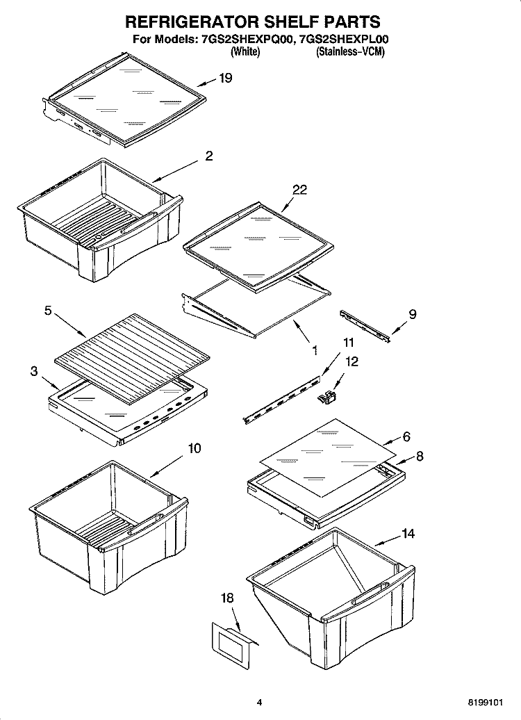 REFRIGERATOR SHELF PARTS Diagram and Parts List for 7GS2SHEXPQ00  Whirlpool Refrigerator