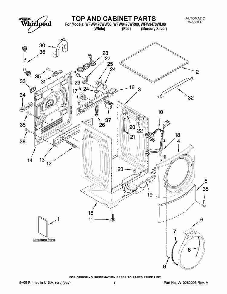 TOP AND CABINET PARTS Diagram and Parts List for WFW9470WW00  Whirlpool Washer