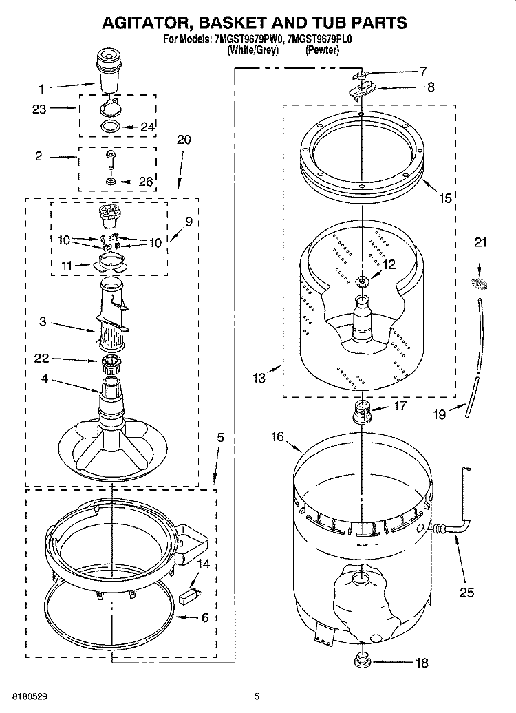 AGITATOR, BASKET AND TUB PARTS Diagram and Parts List for 7MGST9679PL0  Whirlpool Washer