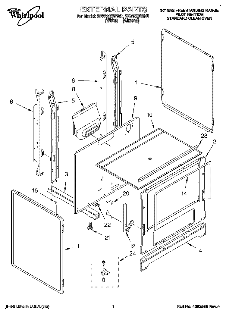 EXTERNAL Diagram and Parts List for SF3020SWW2  Whirlpool Range