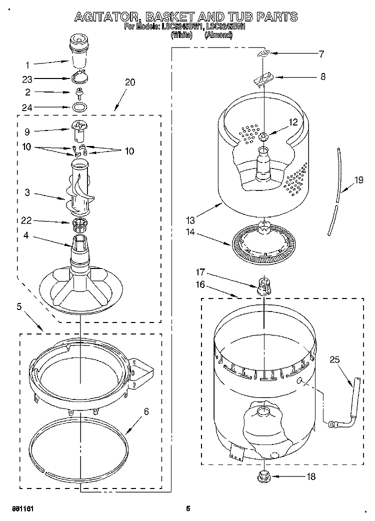 AGITATOR, BASKET AND TUB Diagram and Parts List for LSC9245BN1  Whirlpool Washer