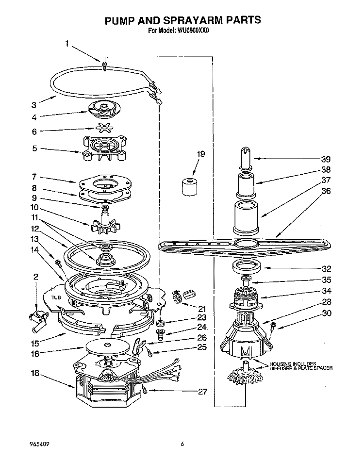 PUMP AND SPRAYARM Diagram and Parts List for WU0800XX0  Roper Dishwasher