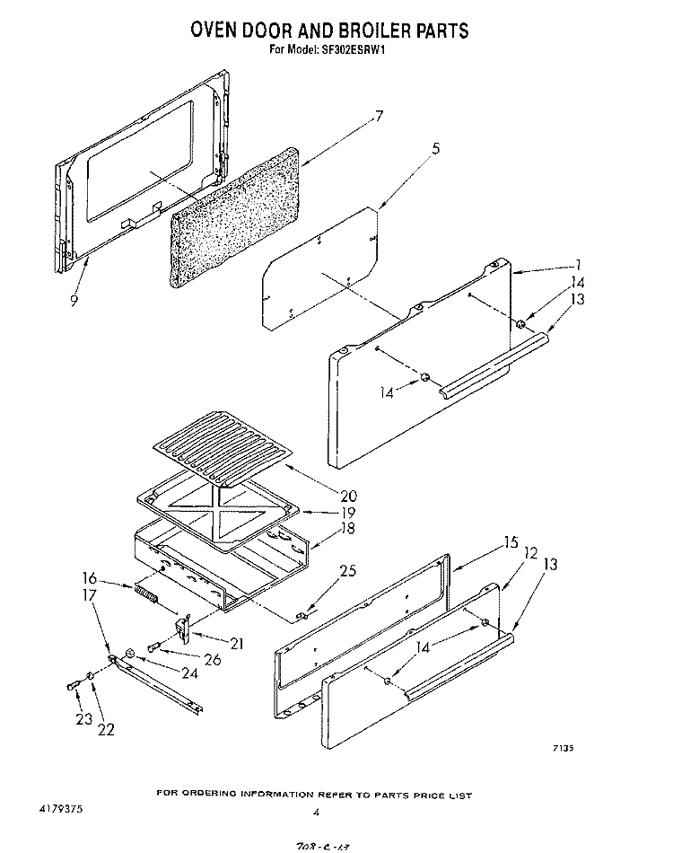 OVEN DOOR AND BROILER Diagram and Parts List for SF302ESRW1  Whirlpool Range