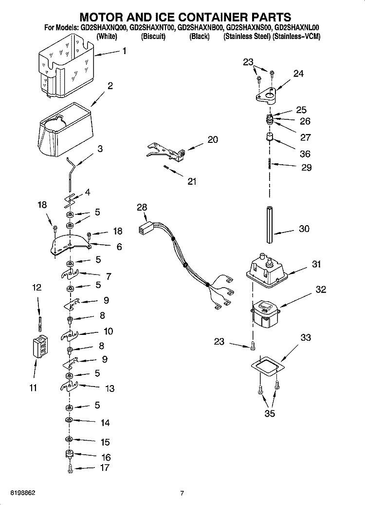 MOTOR AND ICE CONTAINER PARTS Diagram and Parts List for GD2SHAXNB00  Whirlpool Refrigerator