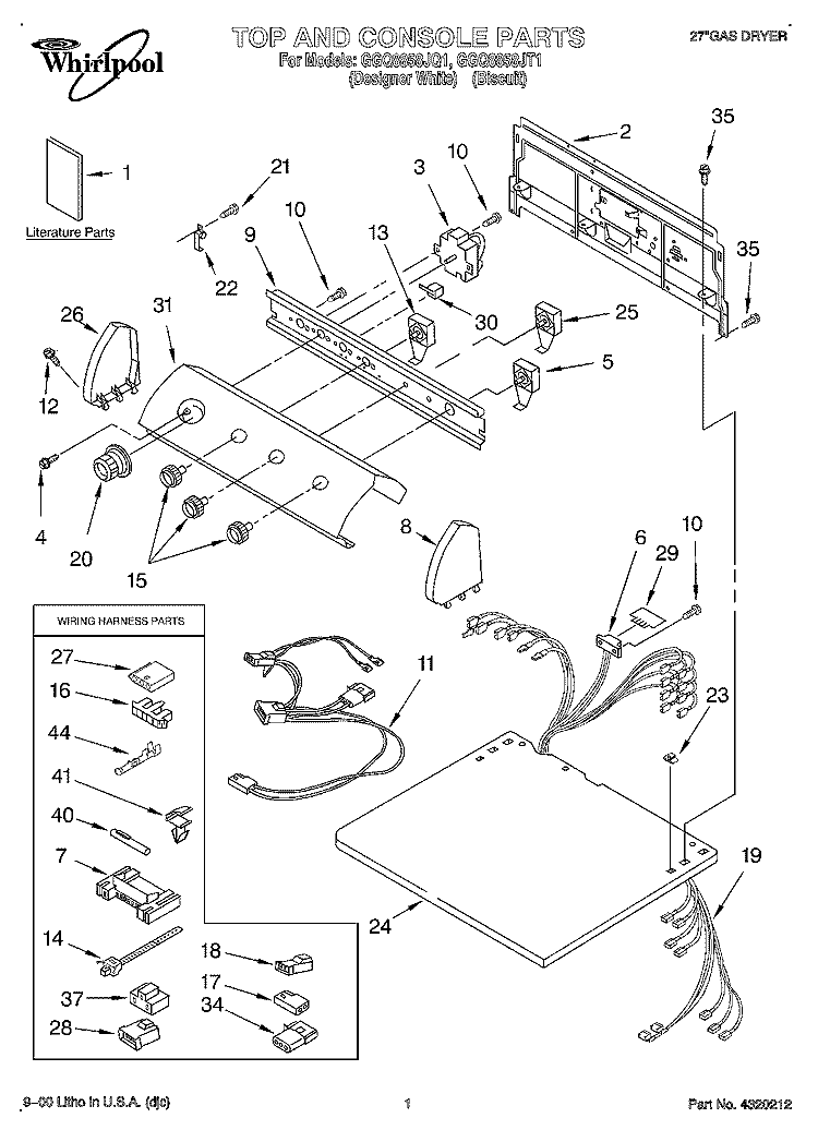 TOP AND CONSOLE, LIT/OPTIONAL Diagram and Parts List for GGQ8858JQ1  Whirlpool Dryer