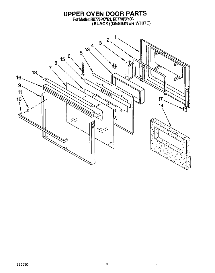 UPPER OVEN DOOR Diagram and Parts List for RB770PXYQ3  Whirlpool Wall Oven
