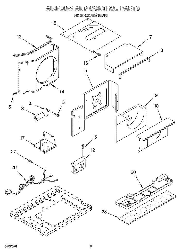 AIR FLOW AND CONTROL Diagram and Parts List for ACQ122XK0  Whirlpool Air Conditioner