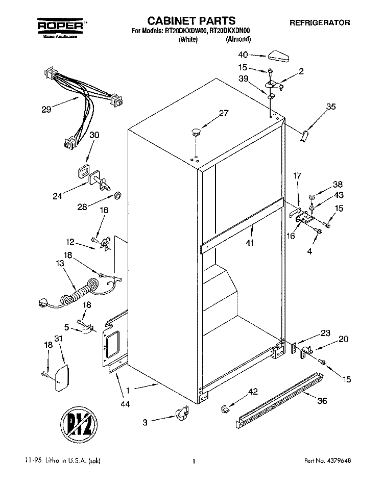 CABINET Diagram and Parts List for RT20DKXDW00  Roper Refrigerator