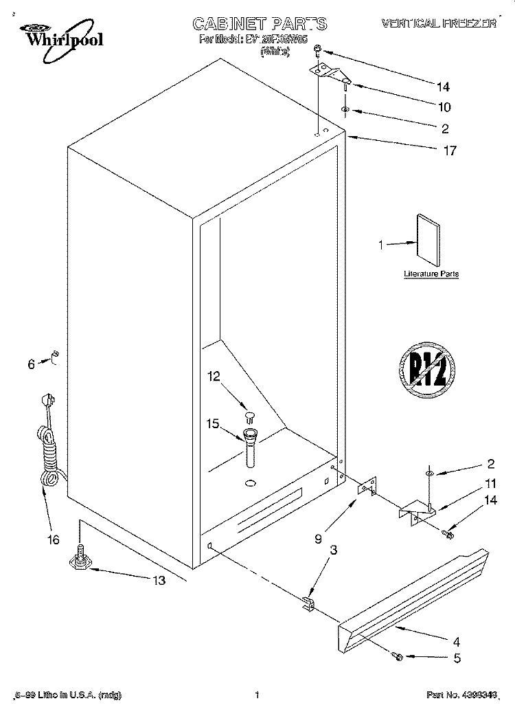 CABINET, LITERATURE Diagram and Parts List for EV120FXGW05  Whirlpool Freezer