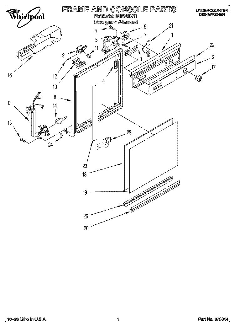 FRAME AND CONSOLE Diagram and Parts List for DU8960XY1  Whirlpool Dishwasher