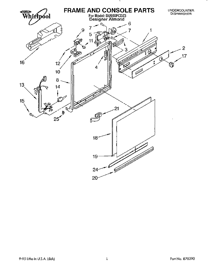 FRAME AND CONSOLE Diagram and Parts List for DU900PCDZ3  Whirlpool Dishwasher