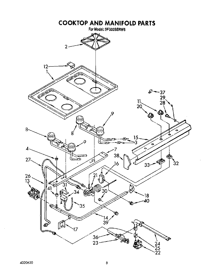 COOKTOP AND MANIFOLD, LIT/OPTIONAL Diagram and Parts List for SF302BERW6  Whirlpool Range