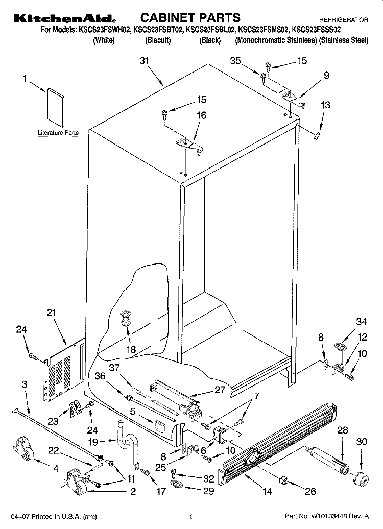 CABINET PARTS Diagram and Parts List for KSCS23FSBL02  KitchenAid Refrigerator
