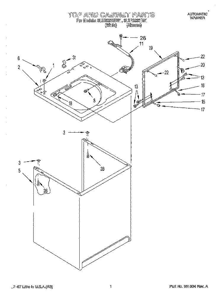 TOP AND CABINET Diagram and Parts List for 3LSR5233BN1  Whirlpool Washer