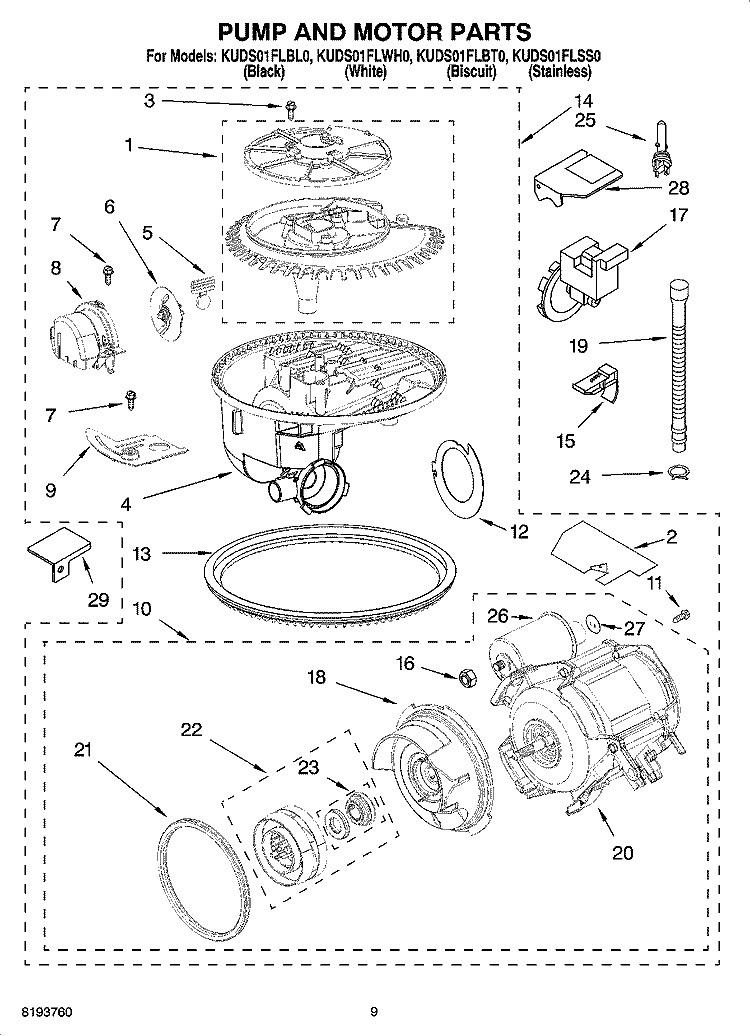PUMP AND MOTOR PARTS Diagram and Parts List for KUDS01FLWH0  KitchenAid Dishwasher
