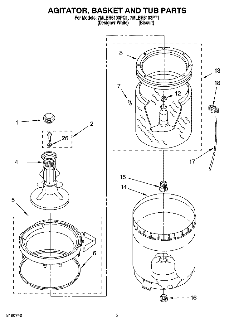 AGITATOR, BASKET AND TUB PARTS Diagram and Parts List for 7MLBR6103PQ1  Whirlpool Washer