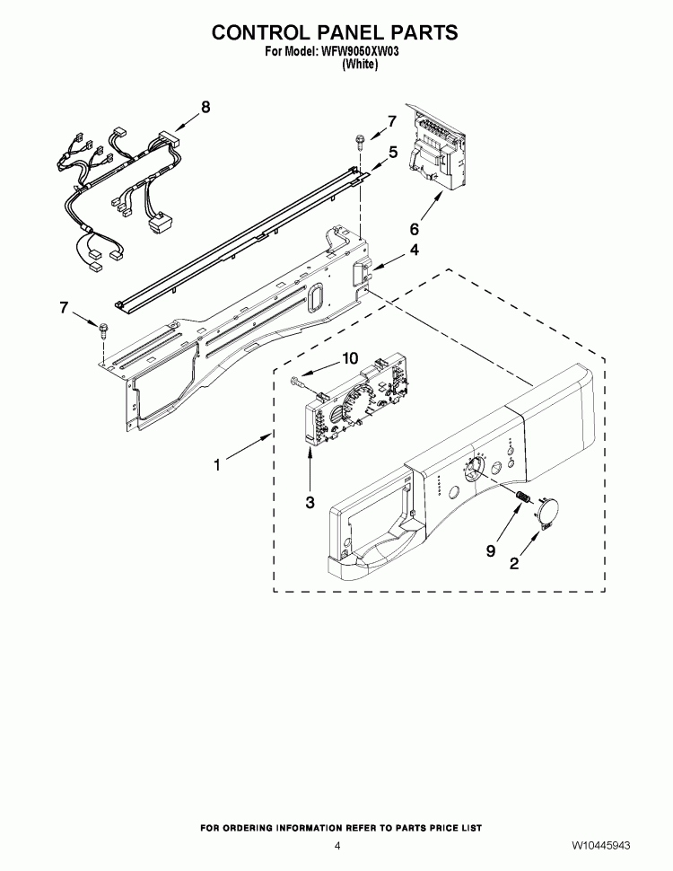 CONTROL PANEL PARTS Diagram and Parts List for WFW9050XW03  Whirlpool Washer