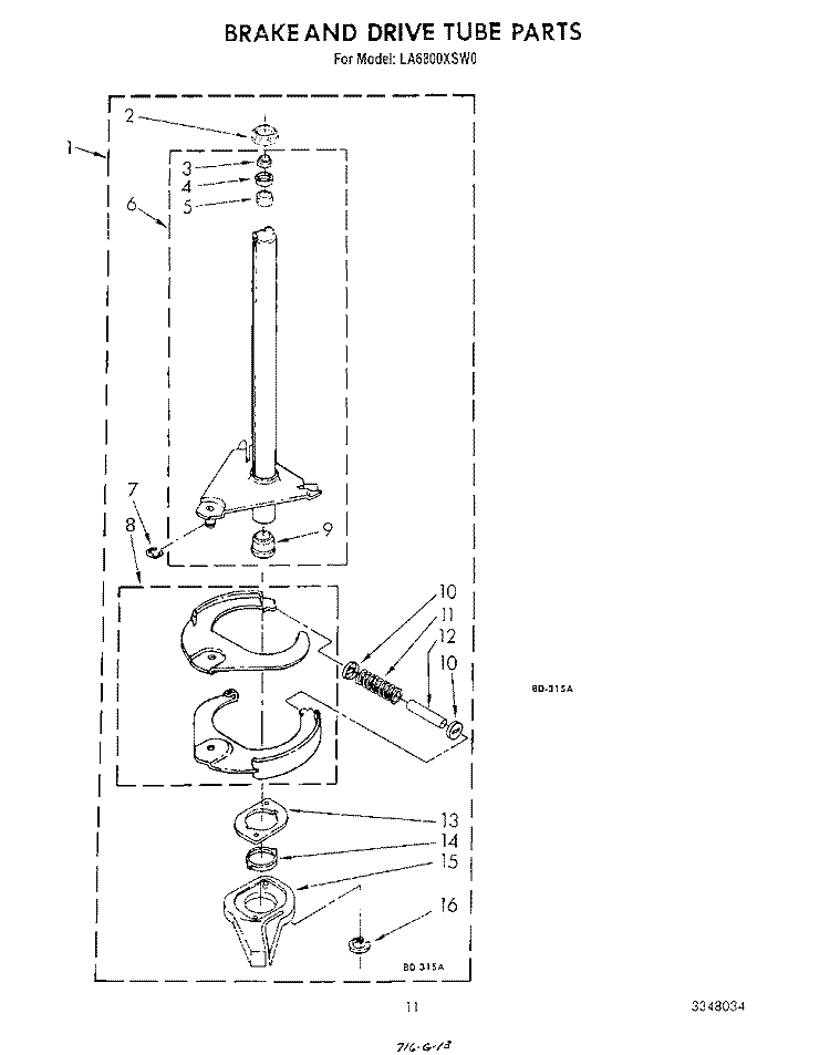 BRAKE AND DRIVE TUBE Diagram and Parts List for LA6800XSW0  Whirlpool Washer