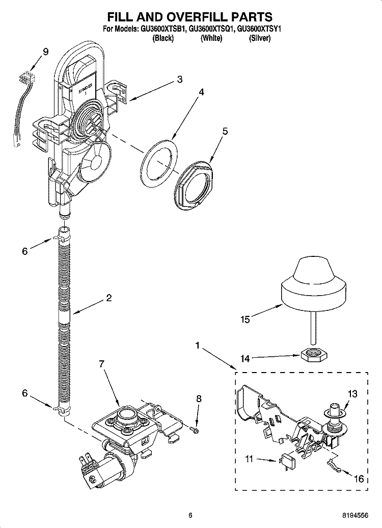 FILL AND OVERFILL PARTS Diagram and Parts List for GU3600XTSY1  Whirlpool Dishwasher