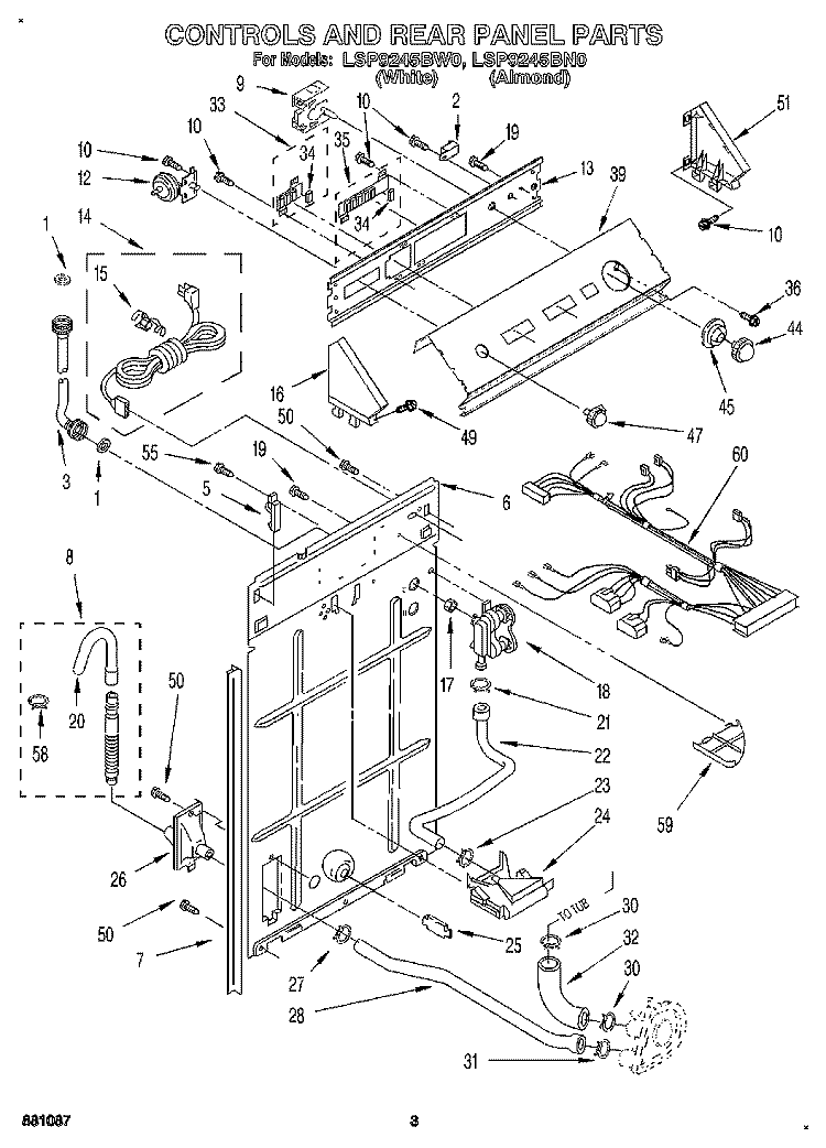CONTROLS AND REAR PANEL Diagram and Parts List for LSP9245BW0  Whirlpool Washer