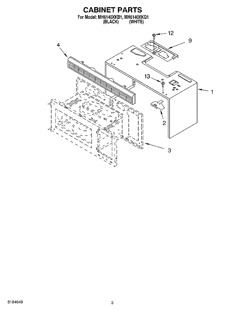 CABINET Diagram and Parts List for MH6140XKQ1  Whirlpool Microwave
