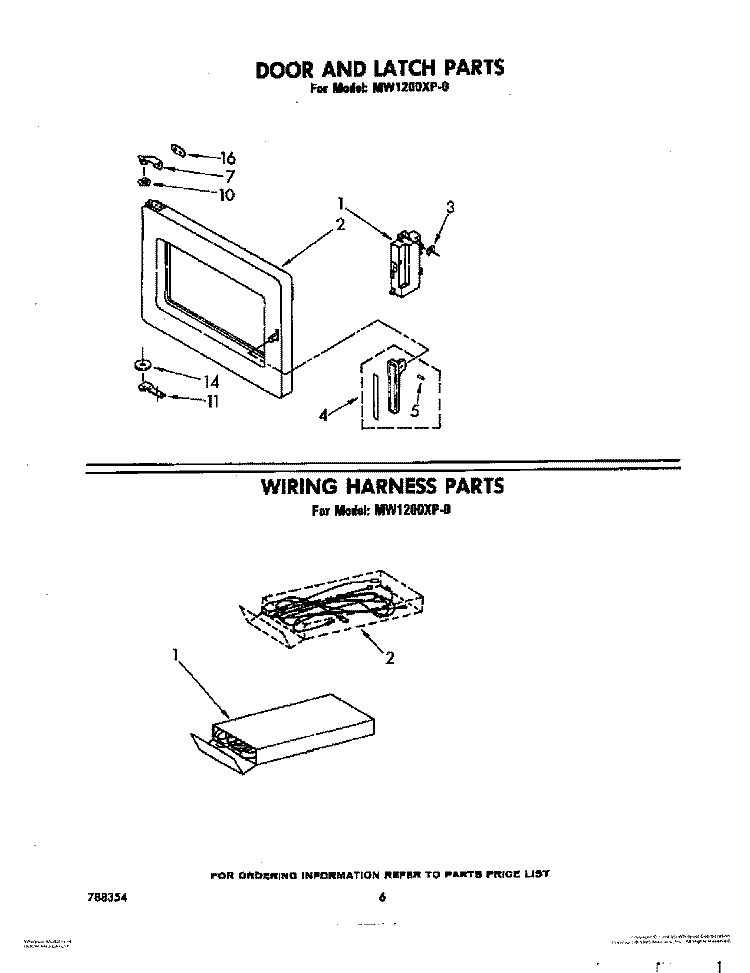 DOOR AND LATCH, WIRING HARNESS Diagram and Parts List for MW1200XP0  Whirlpool Microwave
