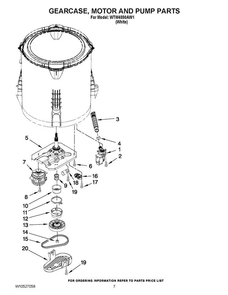 GEARCASE, MOTOR AND PUMP PARTS Diagram and Parts List for WTW4880AW1  Whirlpool Washer