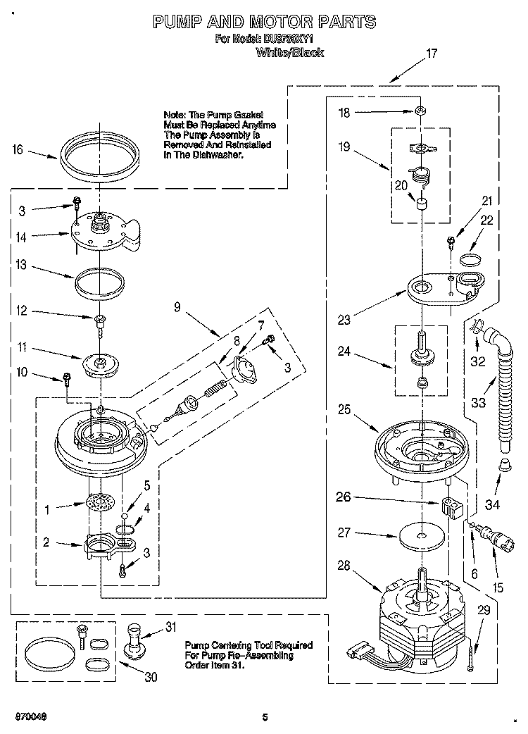 PUMP AND MOTOR Diagram and Parts List for DU8750XY1  Whirlpool Dishwasher
