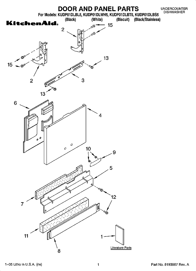 DOOR AND PANEL PARTS Diagram and Parts List for KUDP01DLBL5  KitchenAid Dishwasher