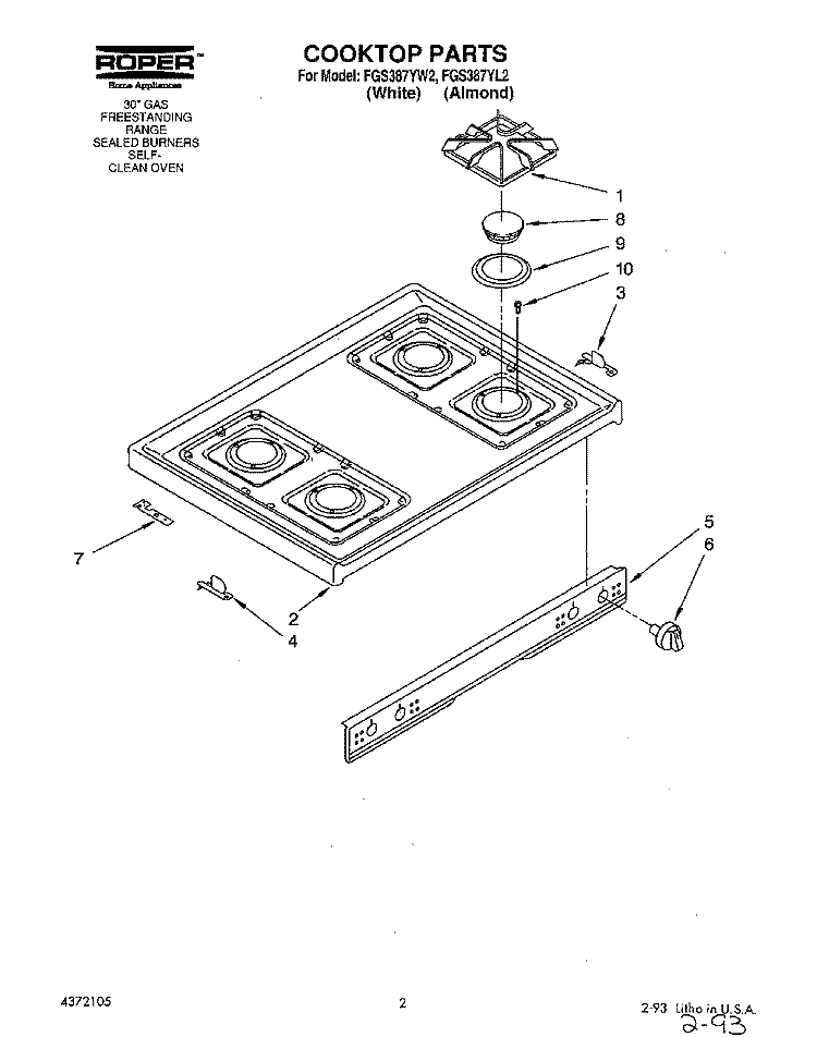 COOKTOP AND CONTROL PANEL Diagram and Parts List for FGS387YW2  Roper Range