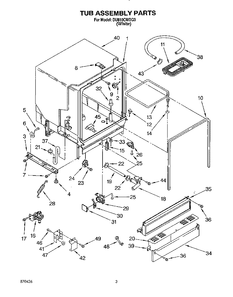TUB ASSEMBLY Diagram and Parts List for DU810CWDQ3  Whirlpool Dishwasher