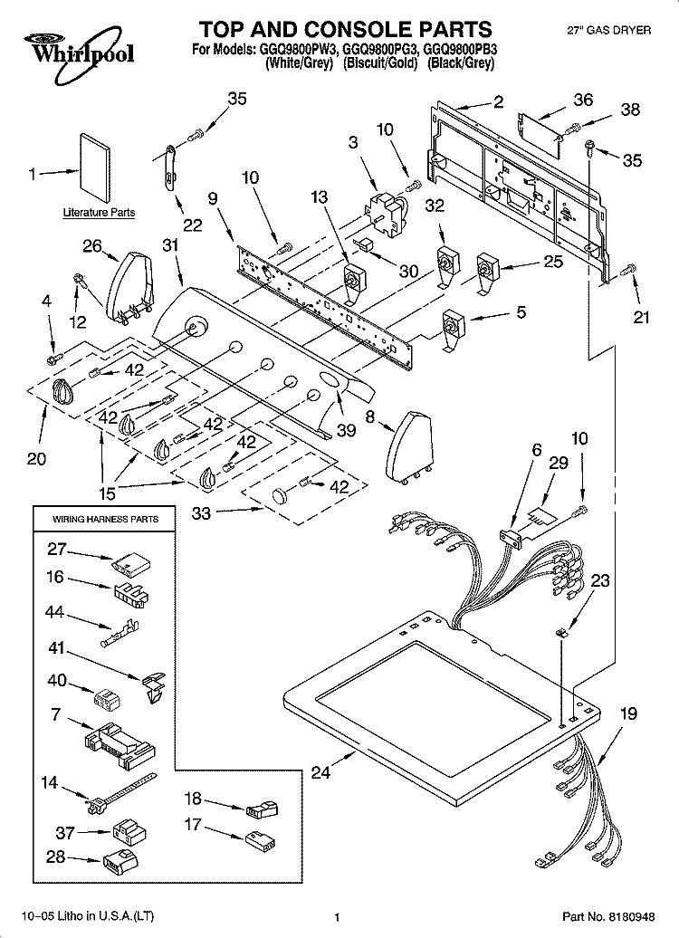TOP AND CONSOLE PARTS Diagram and Parts List for GGQ9800PG3  Whirlpool Dryer
