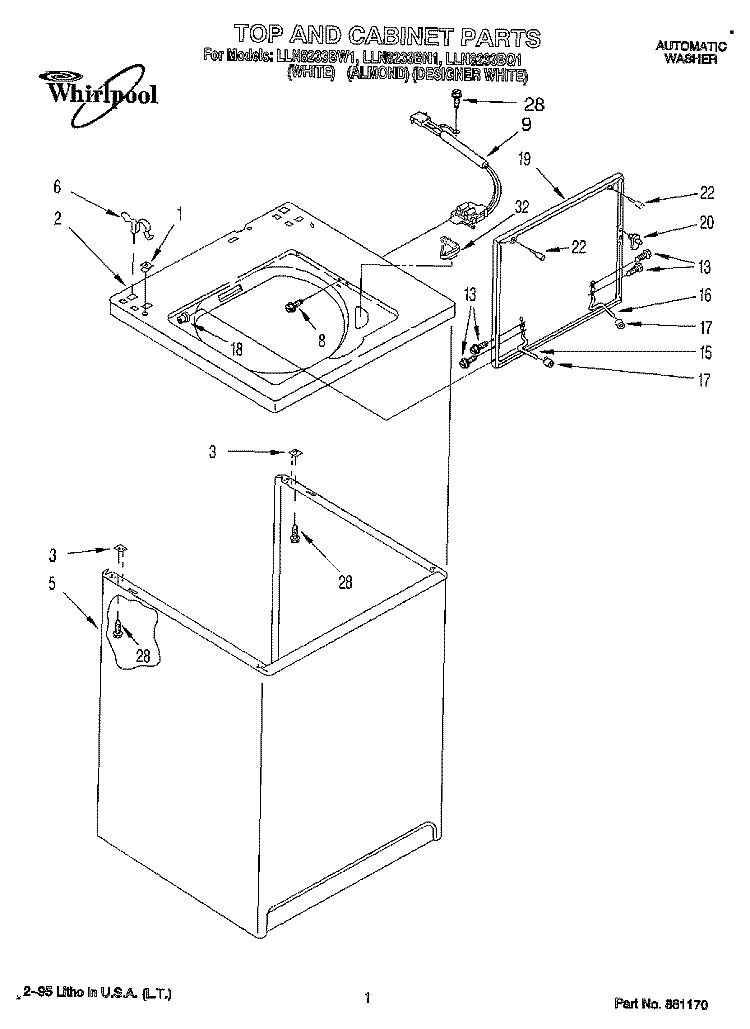 TOP AND CABINET, LIT/OPTIONAL Diagram and Parts List for LLN8233BN1  Whirlpool Washer