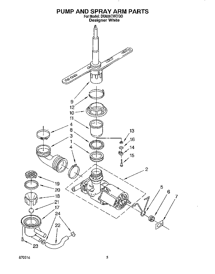 PUMP AND SPRAY ARM Diagram and Parts List for DU806CWDQ0  Whirlpool Dishwasher