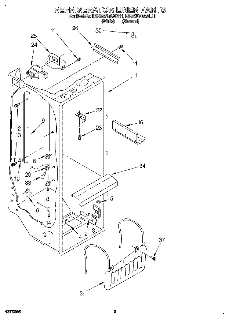 REFRIGERATOR LINER Diagram and Parts List for KSRS27QAAL11  KitchenAid Refrigerator