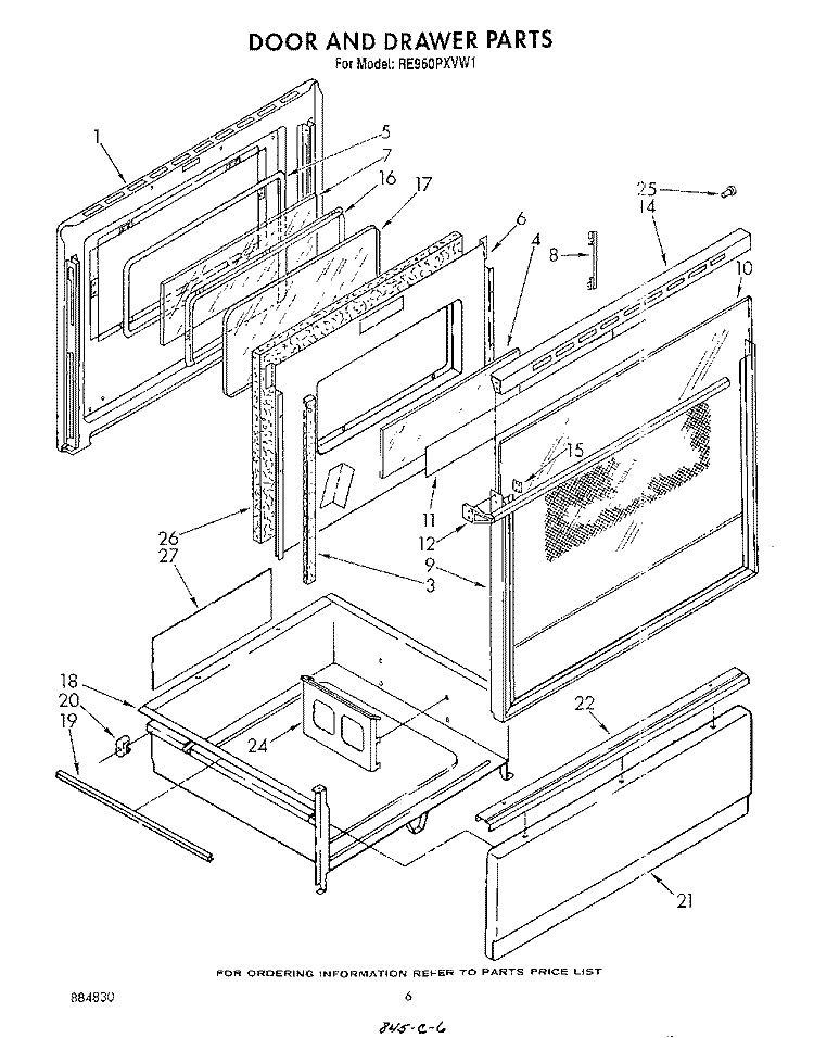 DOOR AND DRAWER Diagram and Parts List for RE960PXVW1  Whirlpool Range