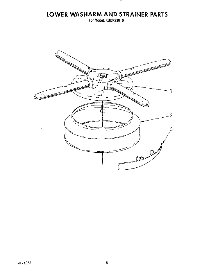 LOWER WASHARM AND STRAINER Diagram and Parts List for KUDP220T0  KitchenAid Dishwasher