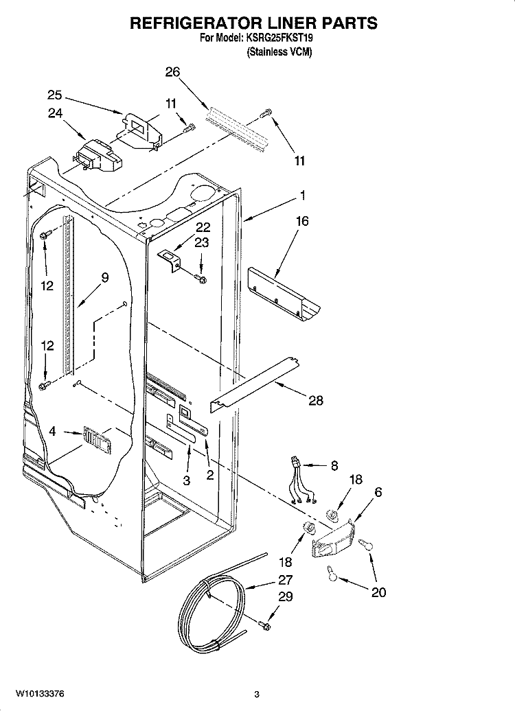 REFRIGERATOR LINER PARTS Diagram and Parts List for KSRG25FKST19  KitchenAid Refrigerator