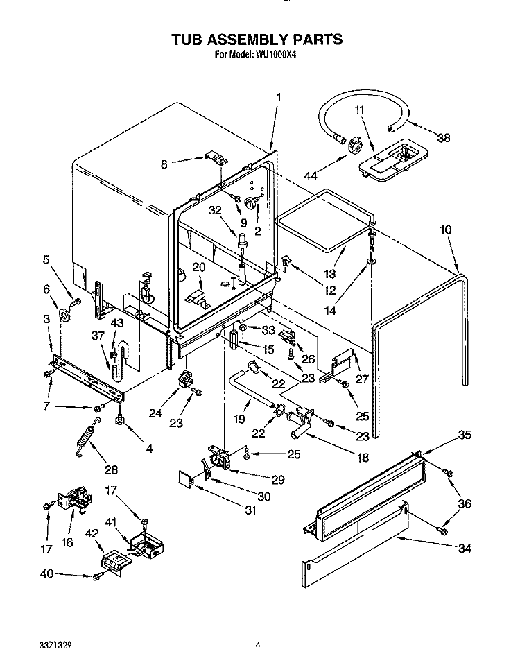 TUB ASSEMBLY, LIT/OPTIONAL Diagram and Parts List for WU1000X4  Roper Dishwasher