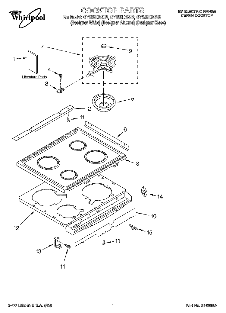 COOKTOP, LITERATURE Diagram and Parts List for GY395LXGZ2  Whirlpool Range