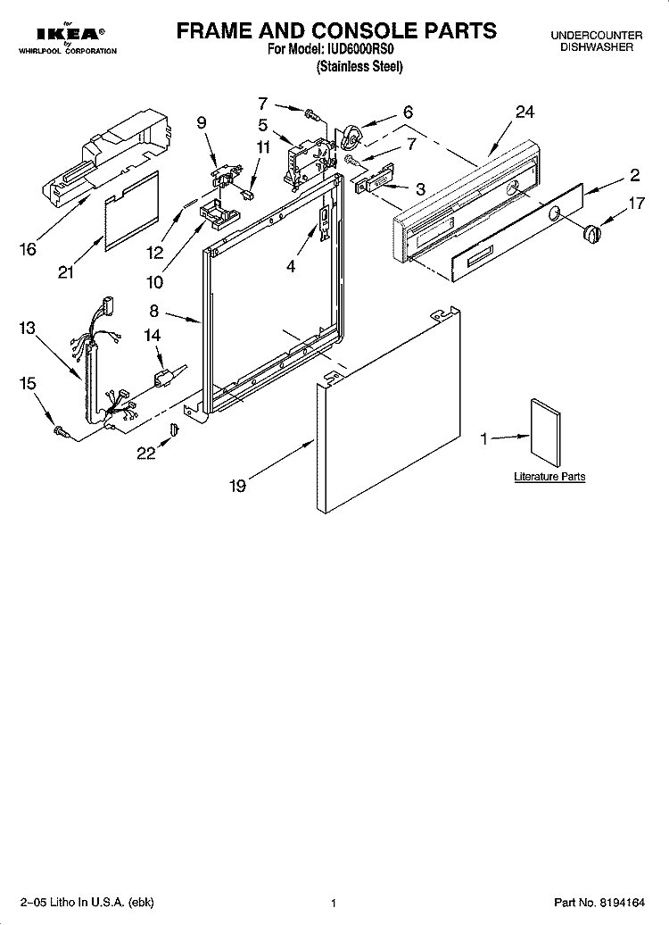 FRAME AND CONSOLE PARTS Diagram and Parts List for IUD6000RS0  Whirlpool Dishwasher