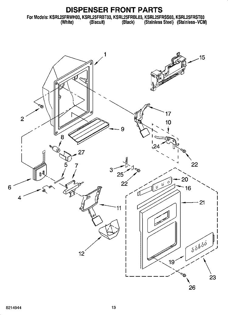 DISPENSER FRONT PARTS Diagram and Parts List for KSRL25FRWH03  KitchenAid Refrigerator