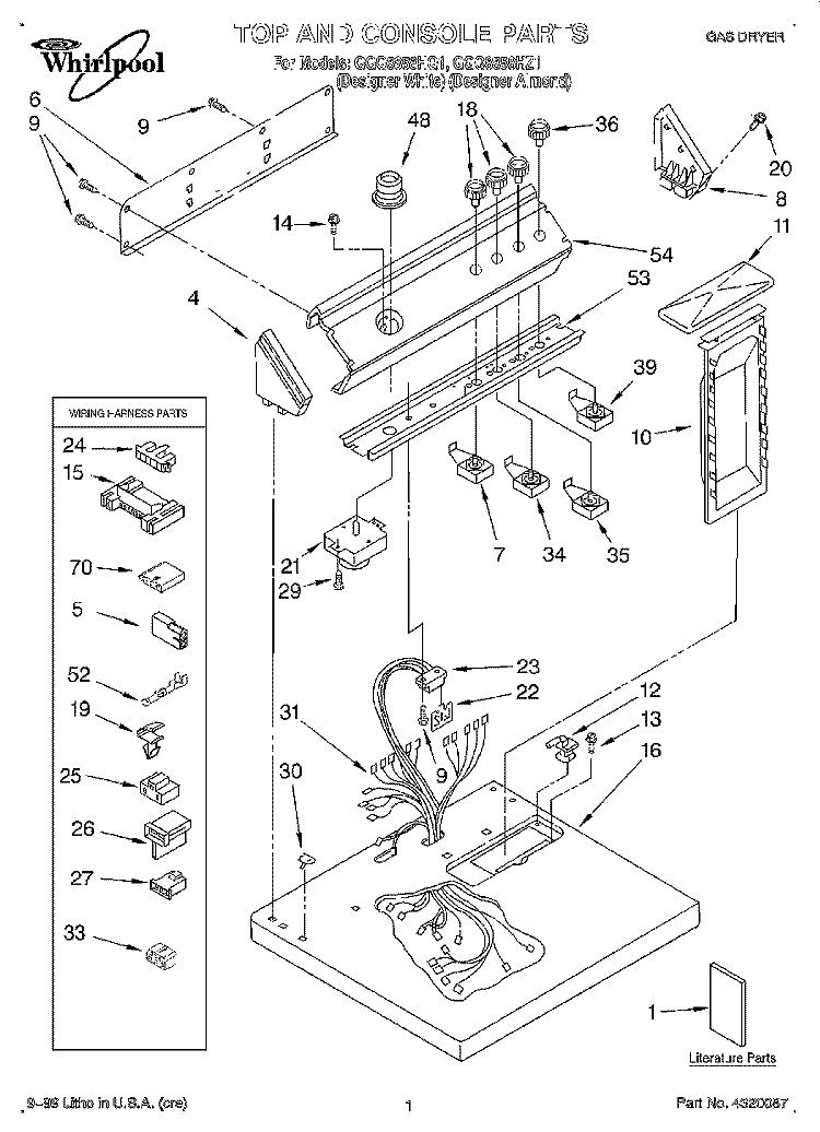 TOP AND CONSOLE, LIT/OPTIONAL Diagram and Parts List for GGQ8858HZ1  Whirlpool Dryer