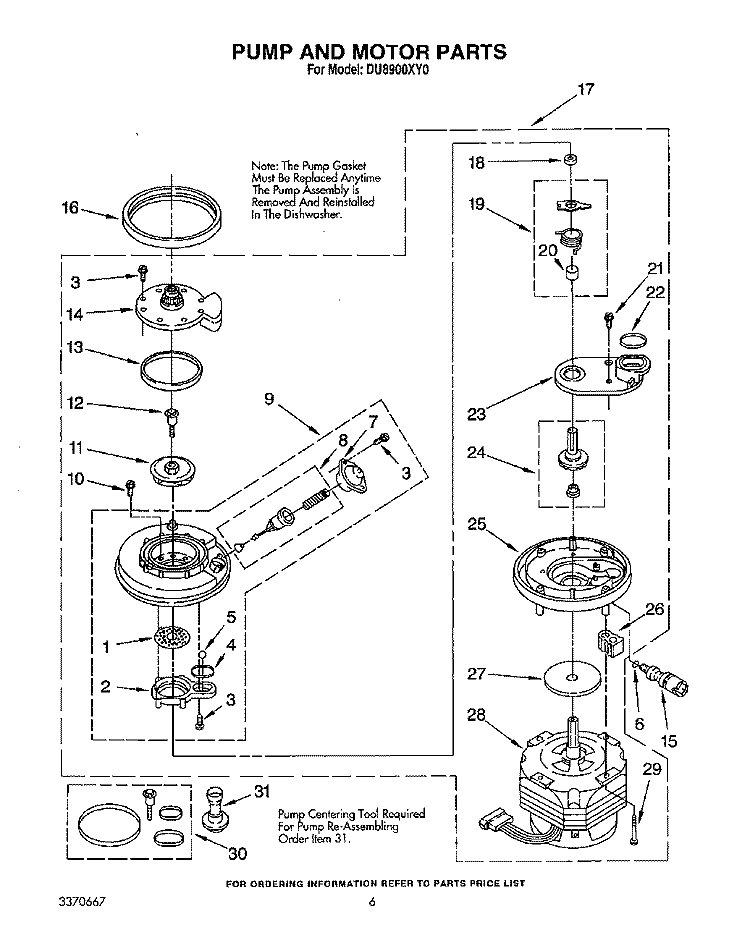 PUMP AND MOTOR Diagram and Parts List for DU8900XY0  Whirlpool Dishwasher