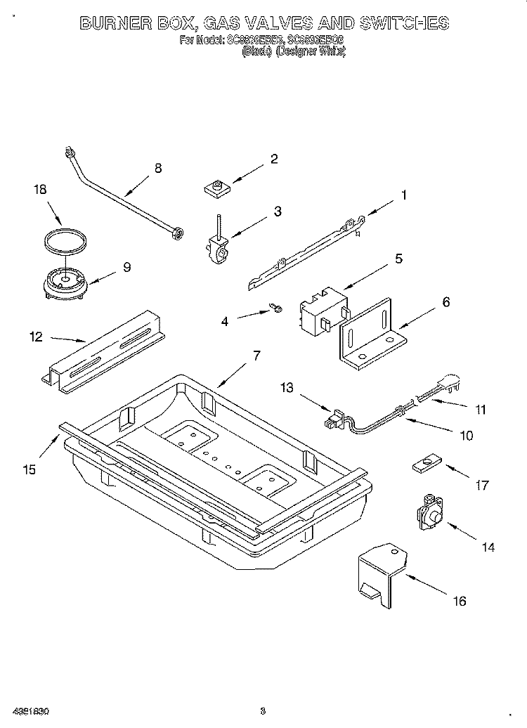 BURNER BOX, GAS VALVES AND SWITCHES Diagram and Parts List for SC8836EBB3  Whirlpool Cooktop